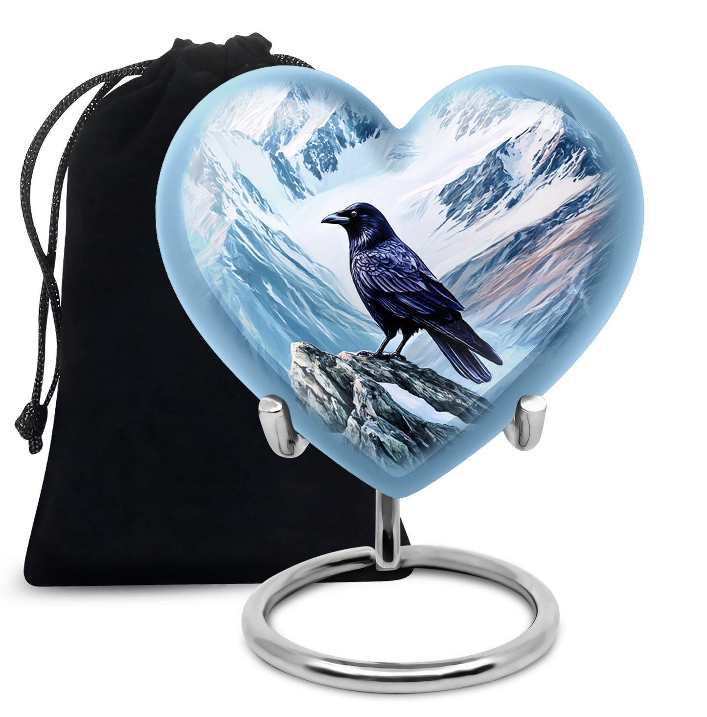 Royal Blue Crow Cremation Urn detail view - romantic heart urn with crow motif on aluminum - full-size 10 inch 200 cubic inch adult cremation urn