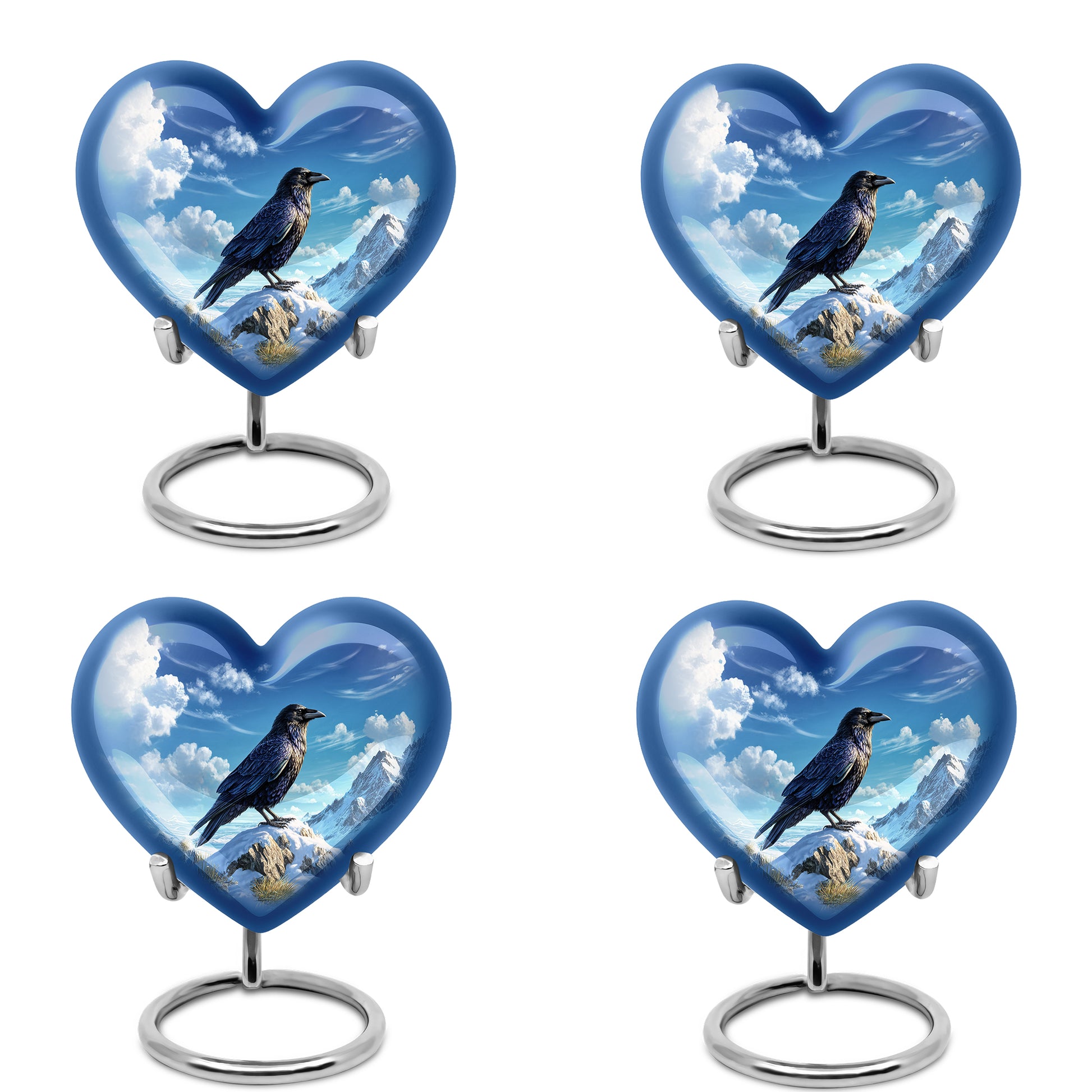 Sky Blue Crow Cremation Urn angled view of lid and engraved motif - loving heart memorial featuring crow pattern - 10 inch aluminum urn for cremated remains