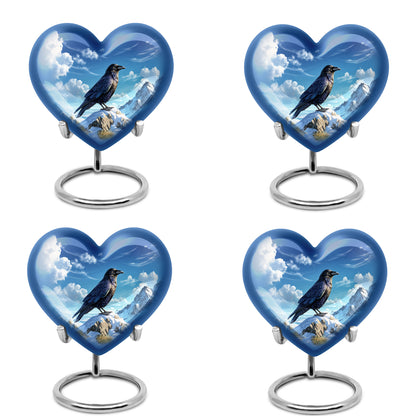 Sky Blue Crow Cremation Urn angled view of lid and engraved motif - loving heart memorial featuring crow pattern - 10 inch aluminum urn for cremated remains