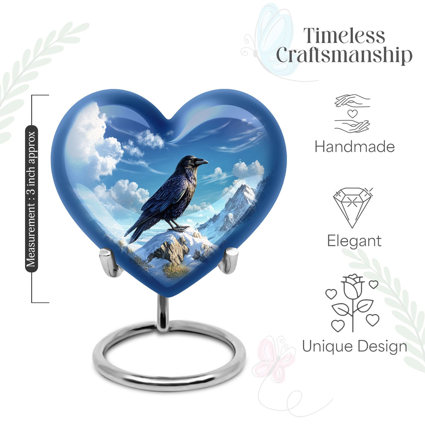 Royal Blue Crow Cremation Urn front view showing detailed design - compassionate heart-crow combination with gentle curves - mini keepsake memorial for portion of cremation ashes