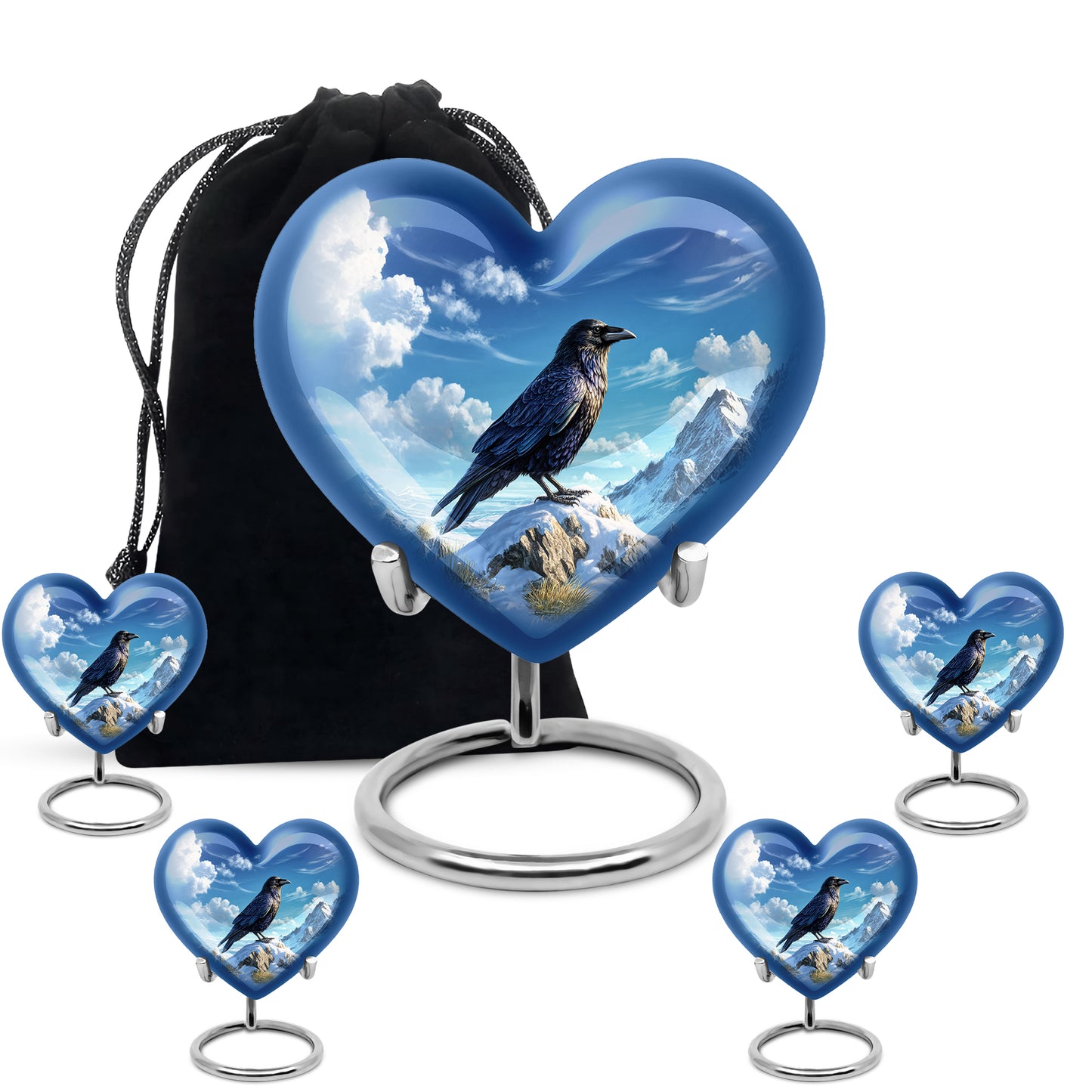 Powder Blue Crow Cremation Urn close-up of engraving and surface detail - heart-shaped crow design symbolizing eternal love - memorial set with one large and four small urns