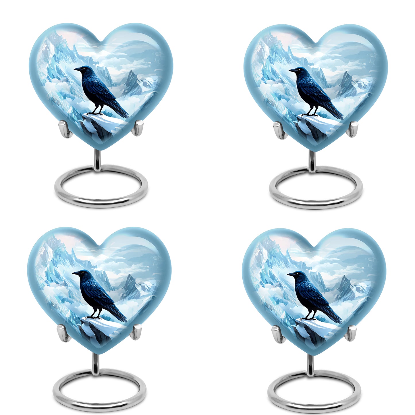 Icy Blue Crow Cremation Urn angled view of lid and engraved motif - loving heart memorial featuring crow pattern - 10 inch aluminum urn for cremated remains