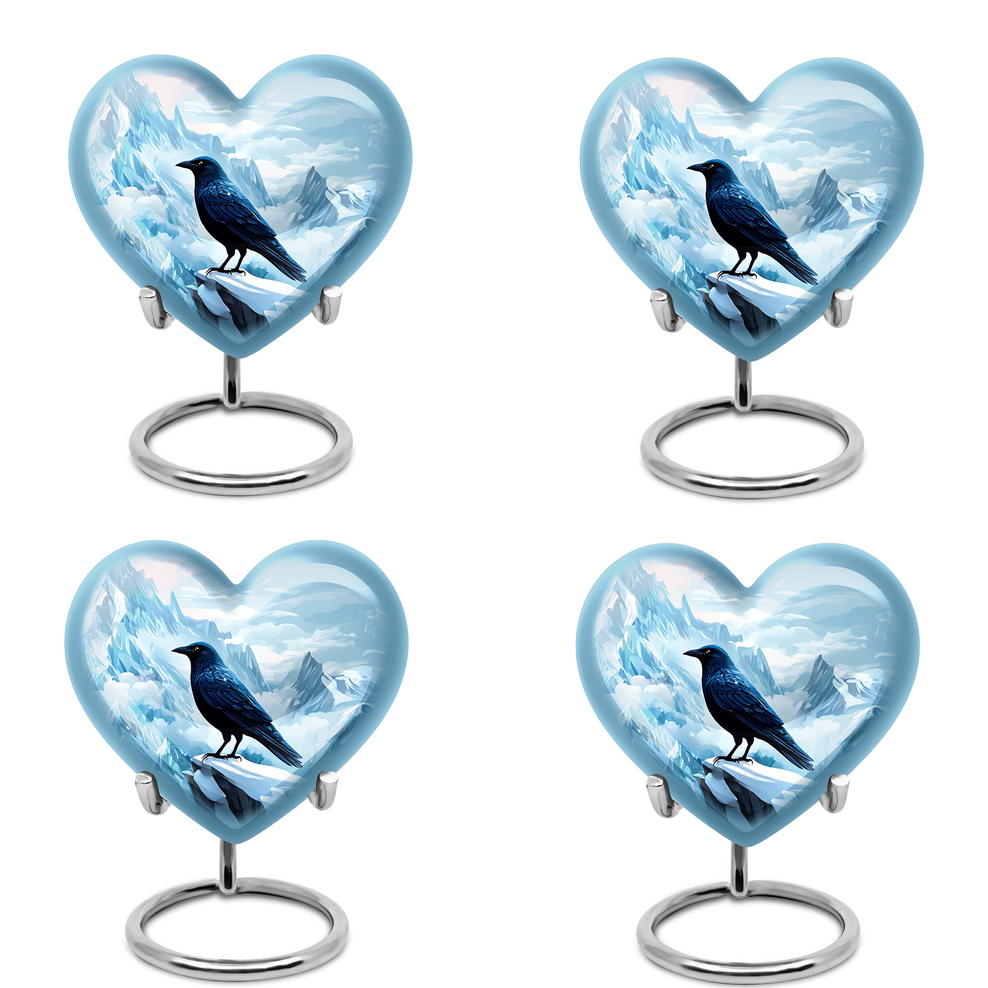 Icy Blue Crow Cremation Urn angled view of lid and engraved motif - loving heart memorial featuring crow pattern - 10 inch aluminum urn for cremated remains