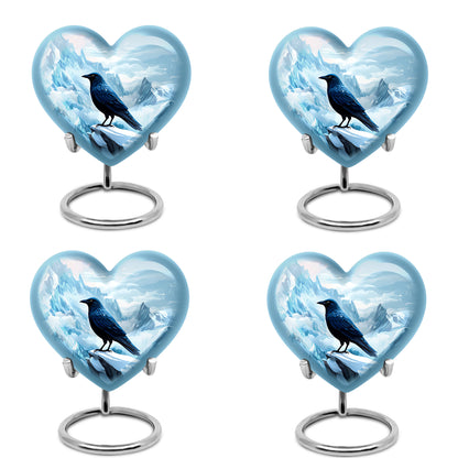 Icy Blue Crow Cremation Urn angled view of lid and engraved motif - loving heart memorial featuring crow pattern - 10 inch aluminum urn for cremated remains