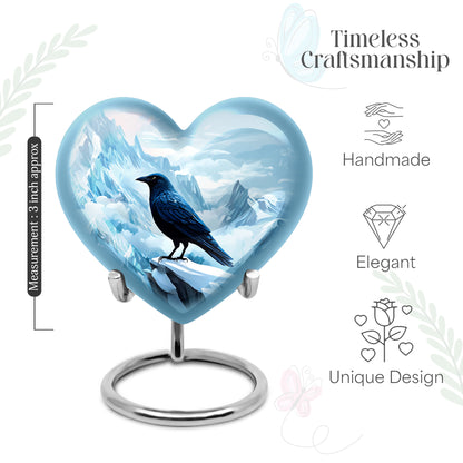Misty Blue Crow Cremation Urn front view showing detailed design - loving heart memorial featuring crow pattern - mini keepsake memorial for portion of cremation ashes