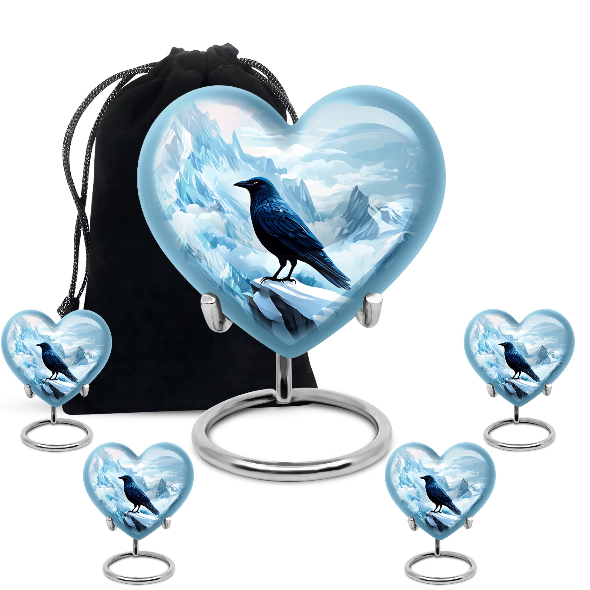Twilight Blue Crow Cremation Urn close-up of engraving and surface detail - romantic heart urn with crow motif on aluminum - memorial set with one large and four small urns