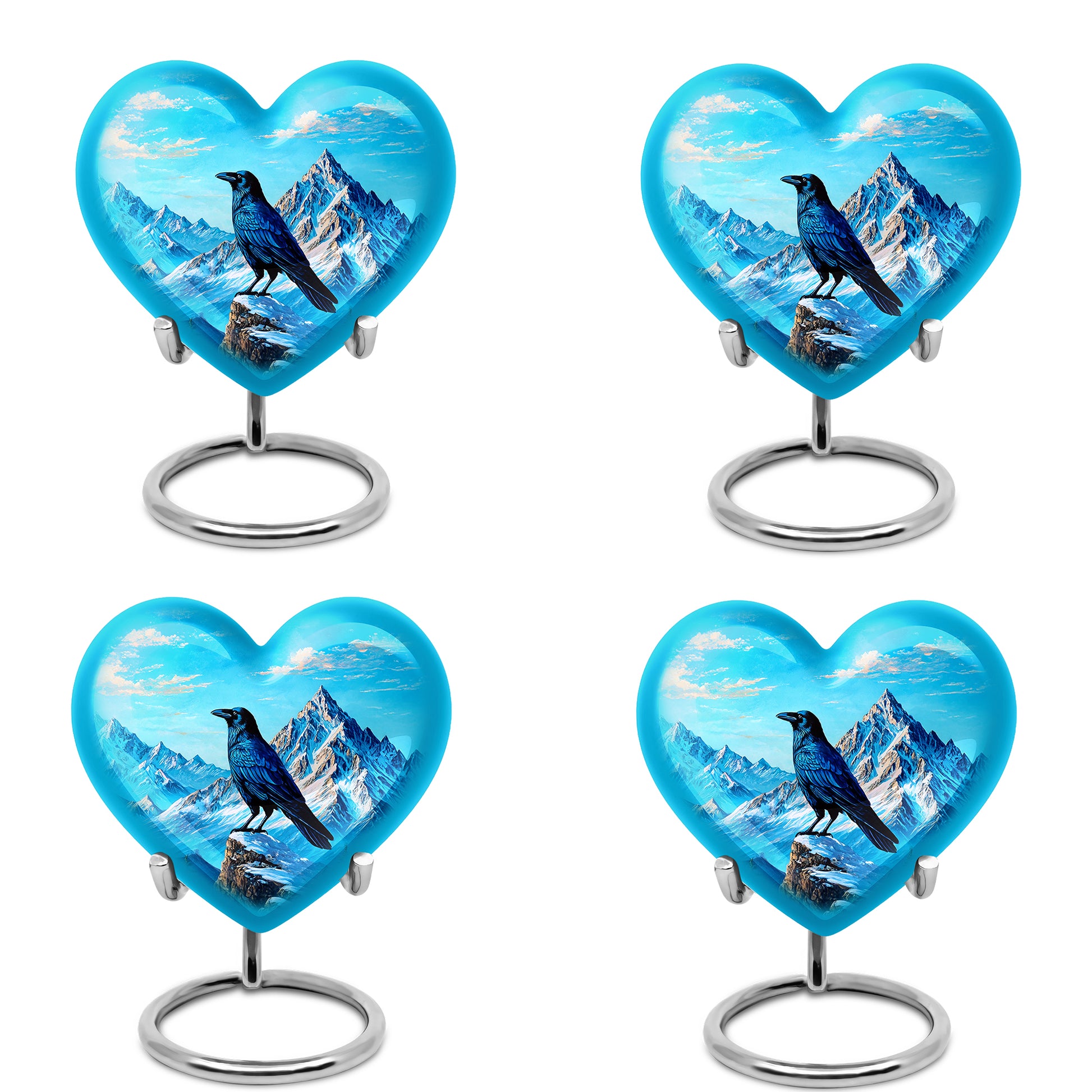 Sapphire Blue Crow Cremation Urn angled view of lid and engraved motif - compassionate heart-crow combination with gentle curves - 10 inch aluminum urn for cremated remains