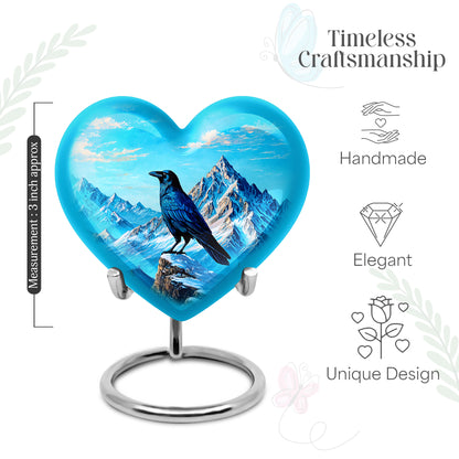 Twilight Blue Crow Cremation Urn front view showing detailed design - compassionate heart-crow combination with gentle curves - mini keepsake memorial for portion of cremation ashes