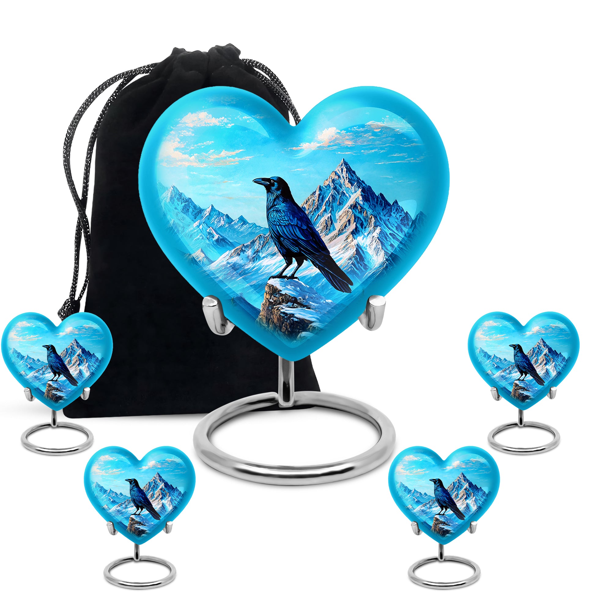 Navy Blue Crow Cremation Urn close-up of engraving and surface detail - loving heart memorial featuring crow pattern - memorial set with one large and four small urns