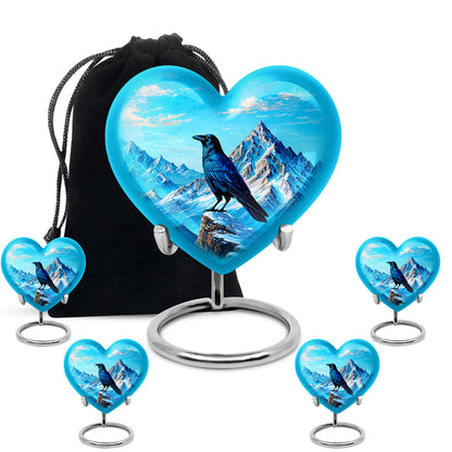 Navy Blue Crow Cremation Urn close-up of engraving and surface detail - loving heart memorial featuring crow pattern - memorial set with one large and four small urns