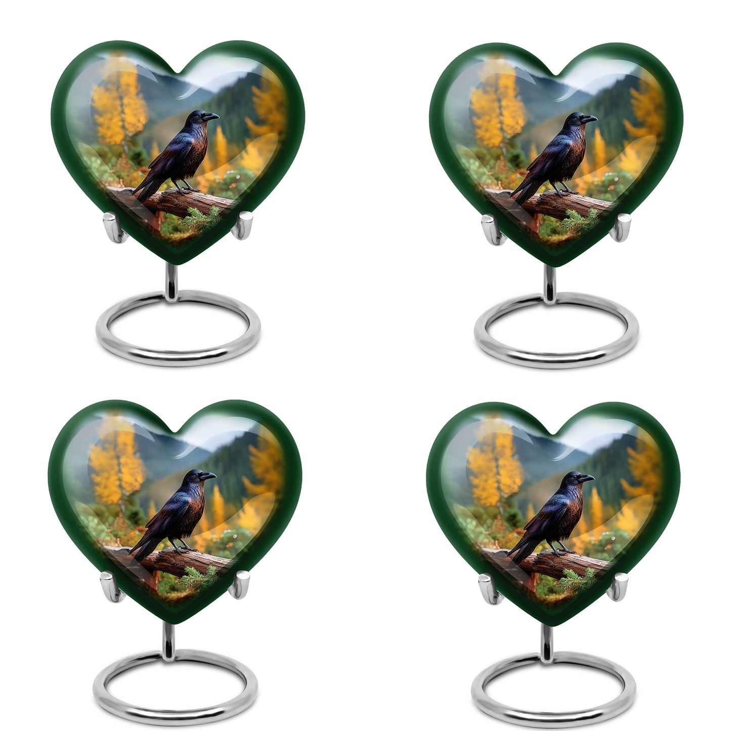 Azure Crow Cremation Urn angled view of lid and engraved motif - heart-shaped crow design symbolizing eternal love - 10 inch aluminum urn for cremated remains
