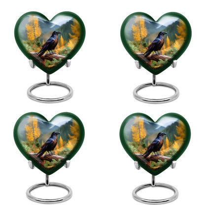 Azure Crow Cremation Urn angled view of lid and engraved motif - heart-shaped crow design symbolizing eternal love - 10 inch aluminum urn for cremated remains
