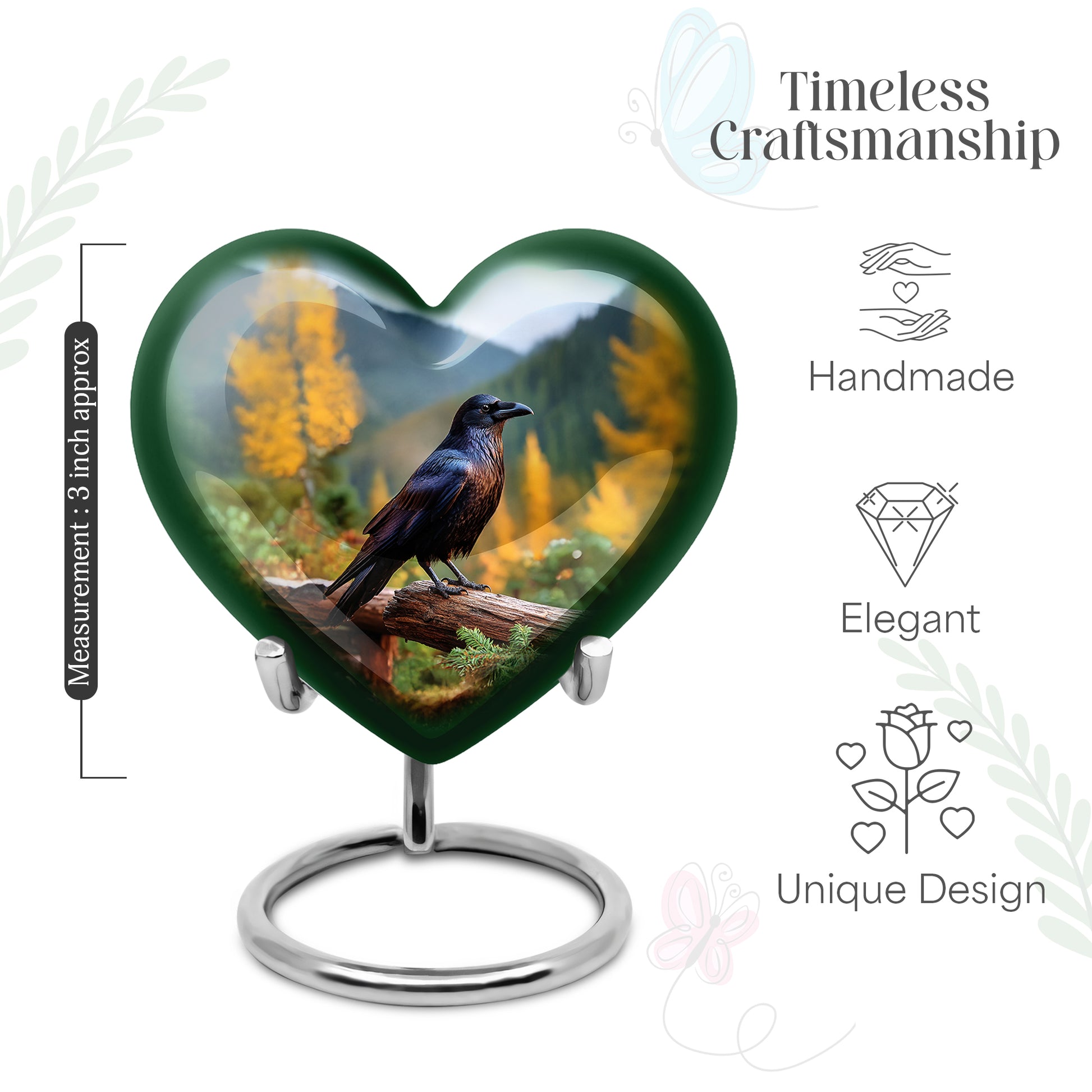 Soft Blue Crow Cremation Urn front view showing detailed design - romantic heart urn with crow motif on aluminum - mini keepsake memorial for portion of cremation ashes