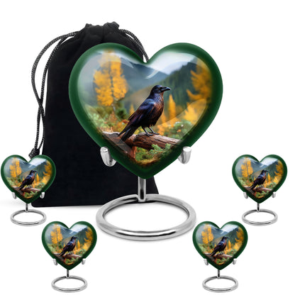 Azure Crow Cremation Urn close-up of engraving and surface detail - heart-shaped crow design symbolizing eternal love - memorial set with one large and four small urns