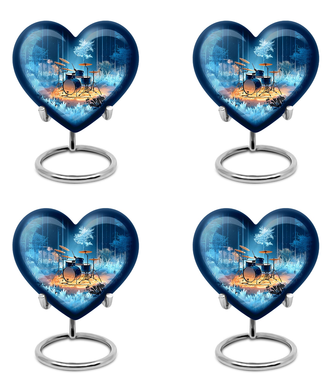 Indigo Drums Cremation Urn angled view of lid and engraved motif - heart-shaped drums design symbolizing eternal love - 10 inch aluminum urn for cremated remains
