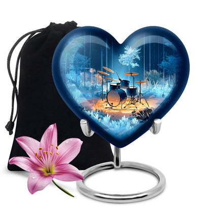 Slate Blue Drums Cremation Urn detail view - heart-shaped drums design symbolizing eternal love - full-size 10 inch 200 cubic inch adult cremation urn