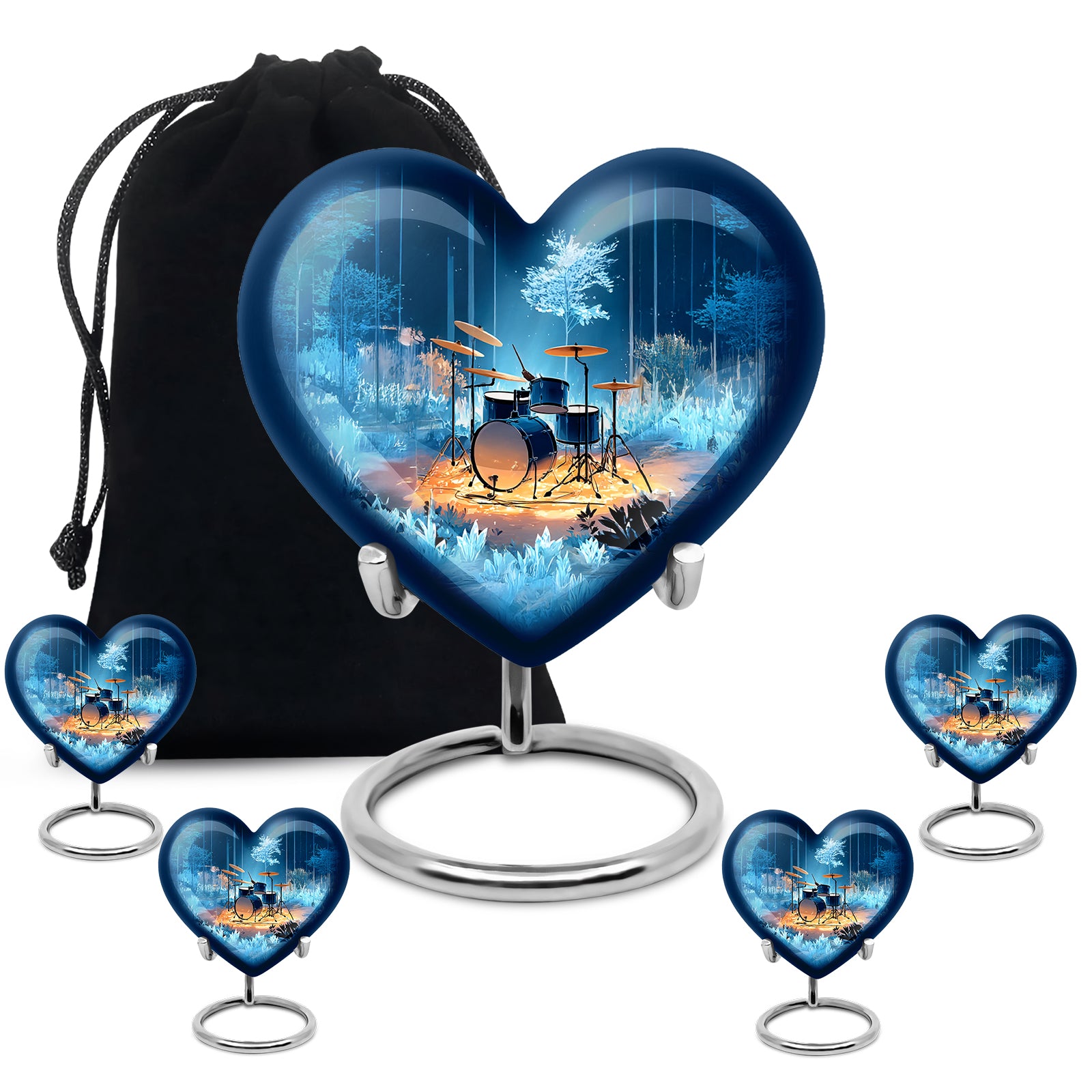 Slate Blue Drums Cremation Urn close-up of engraving and surface detail - heart-shaped drums design symbolizing eternal love - memorial set with one large and four small urns