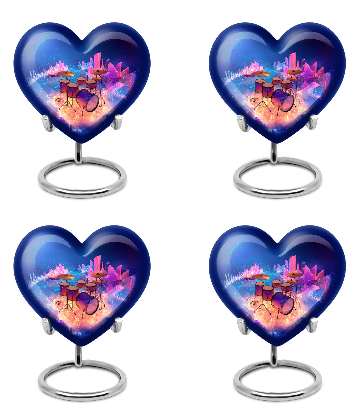 Navy Blue Drums Cremation Urn angled view of lid and engraved motif - heart-shaped drums design symbolizing eternal love - 10 inch aluminum urn for cremated remains