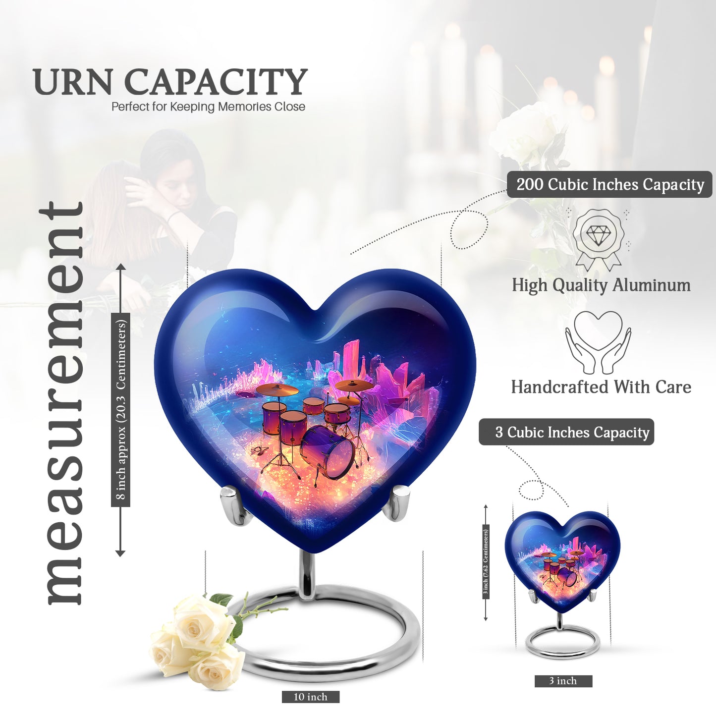 Sky Blue Drums Cremation Urn front view showing detailed design - heart-shaped drums design symbolizing eternal love - mini keepsake memorial for portion of cremation ashes