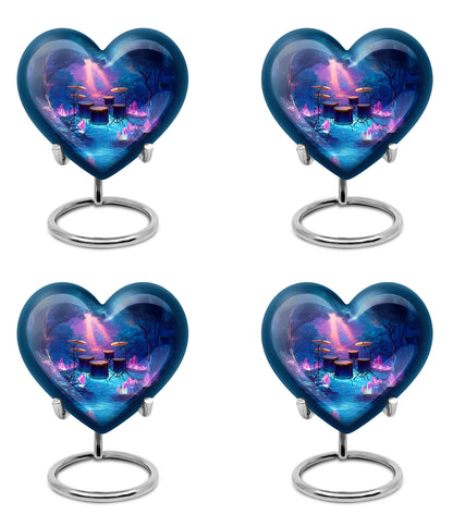 Royal Blue Drums Cremation Urn angled view of lid and engraved motif - compassionate heart-drums combination with gentle curves - 10 inch aluminum urn for cremated remains