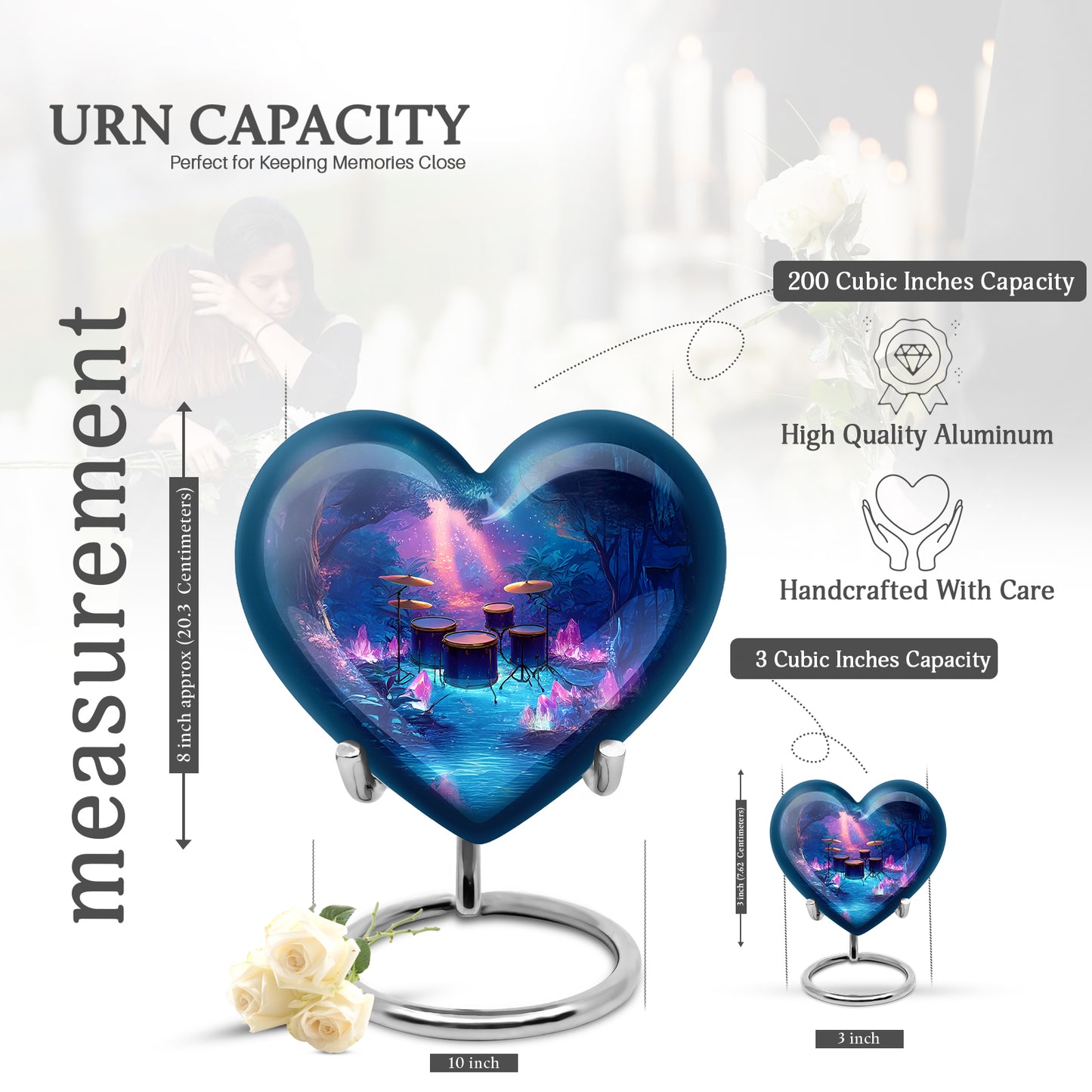 Twilight Blue Drums Cremation Urn front view showing detailed design - compassionate heart-drums combination with gentle curves - mini keepsake memorial for portion of cremation ashes