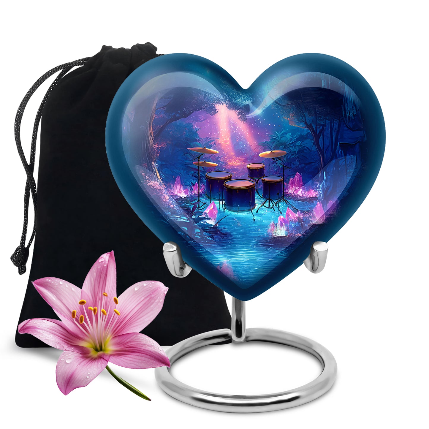 Misty Blue Drums Cremation Urn detail view - loving heart memorial featuring drums pattern - full-size 10 inch 200 cubic inch adult cremation urn