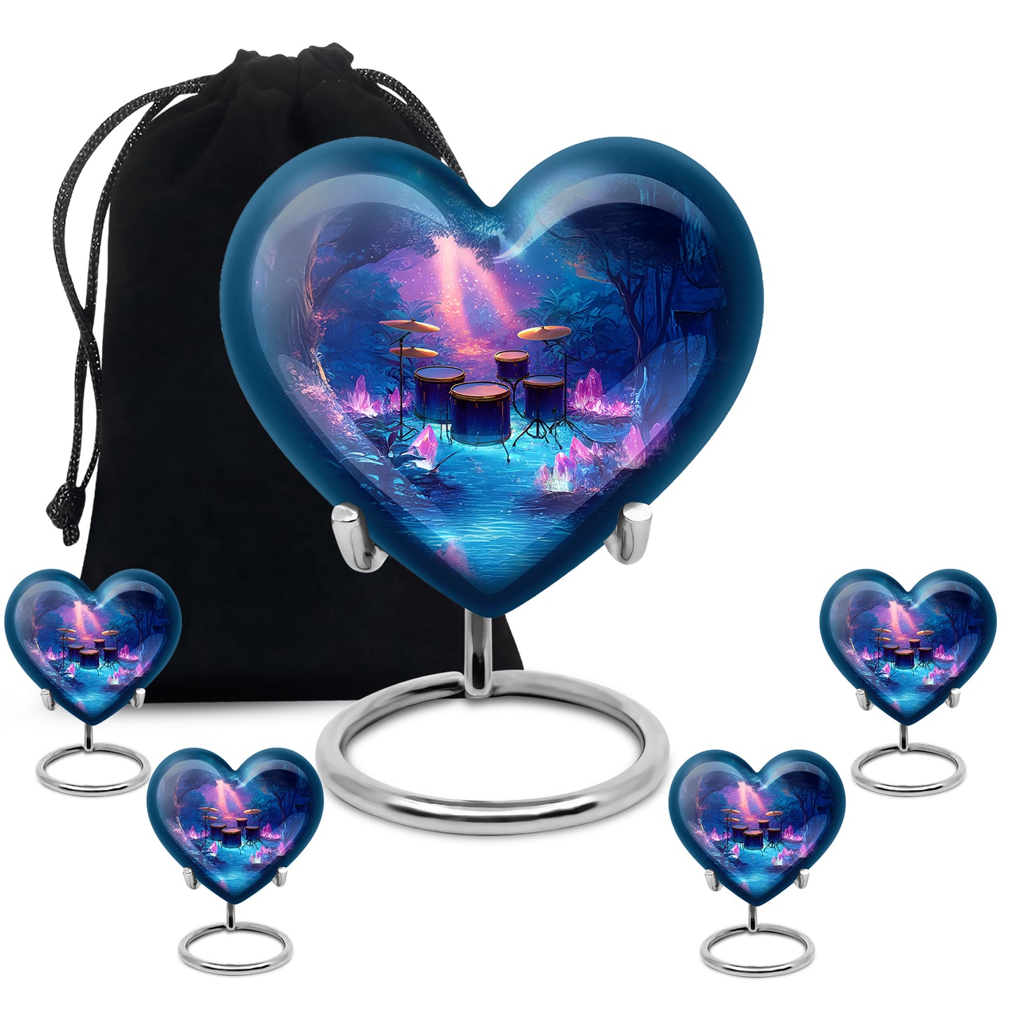 Celestial Blue Drums Cremation Urn close-up of engraving and surface detail - heart-shaped drums design symbolizing eternal love - memorial set with one large and four small urns
