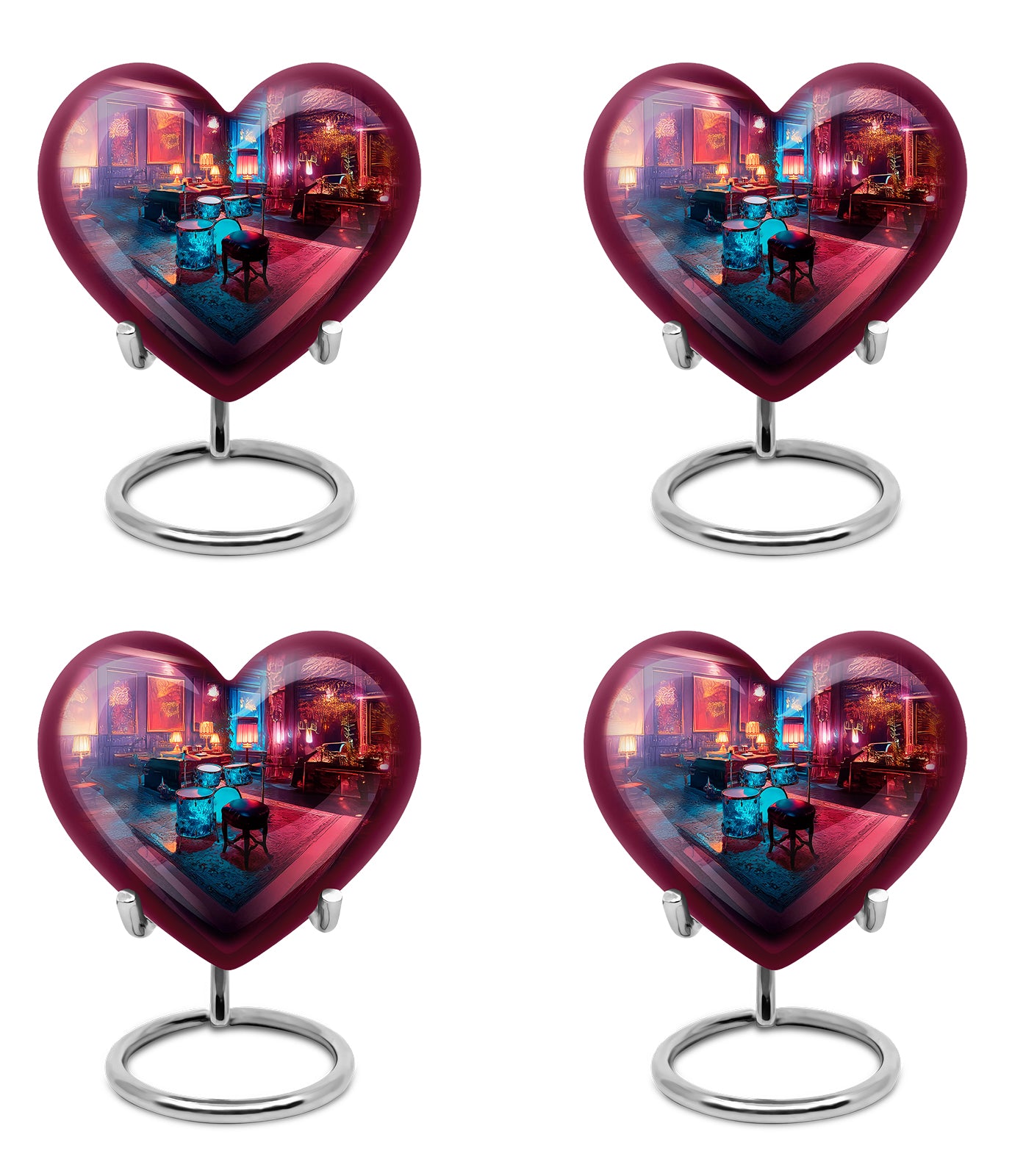 Soft Blue Drums Cremation Urn angled view of lid and engraved motif - romantic heart urn with drums motif on aluminum - 10 inch aluminum urn for cremated remains
