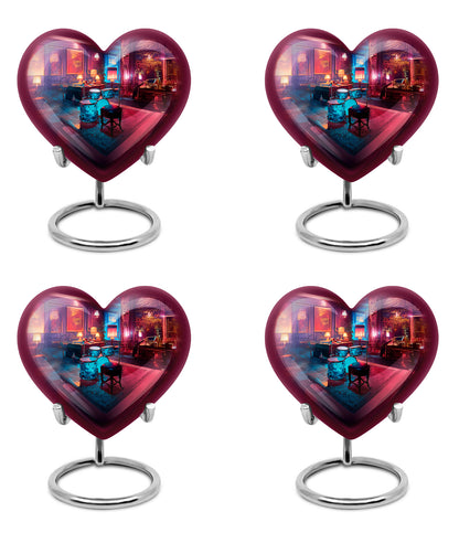 Soft Blue Drums Cremation Urn angled view of lid and engraved motif - romantic heart urn with drums motif on aluminum - 10 inch aluminum urn for cremated remains