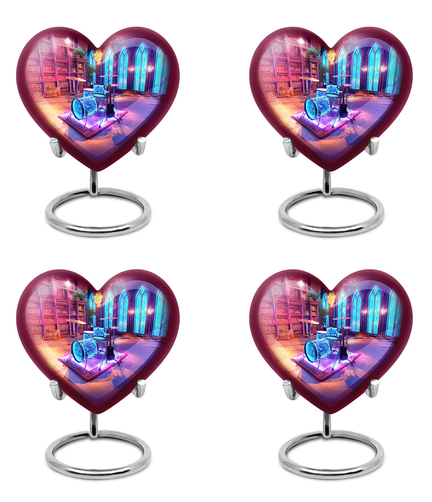 Majestic Purple Drums Cremation Urn angled view of lid and engraved motif - loving heart memorial featuring drums pattern - 10 inch aluminum urn for cremated remains