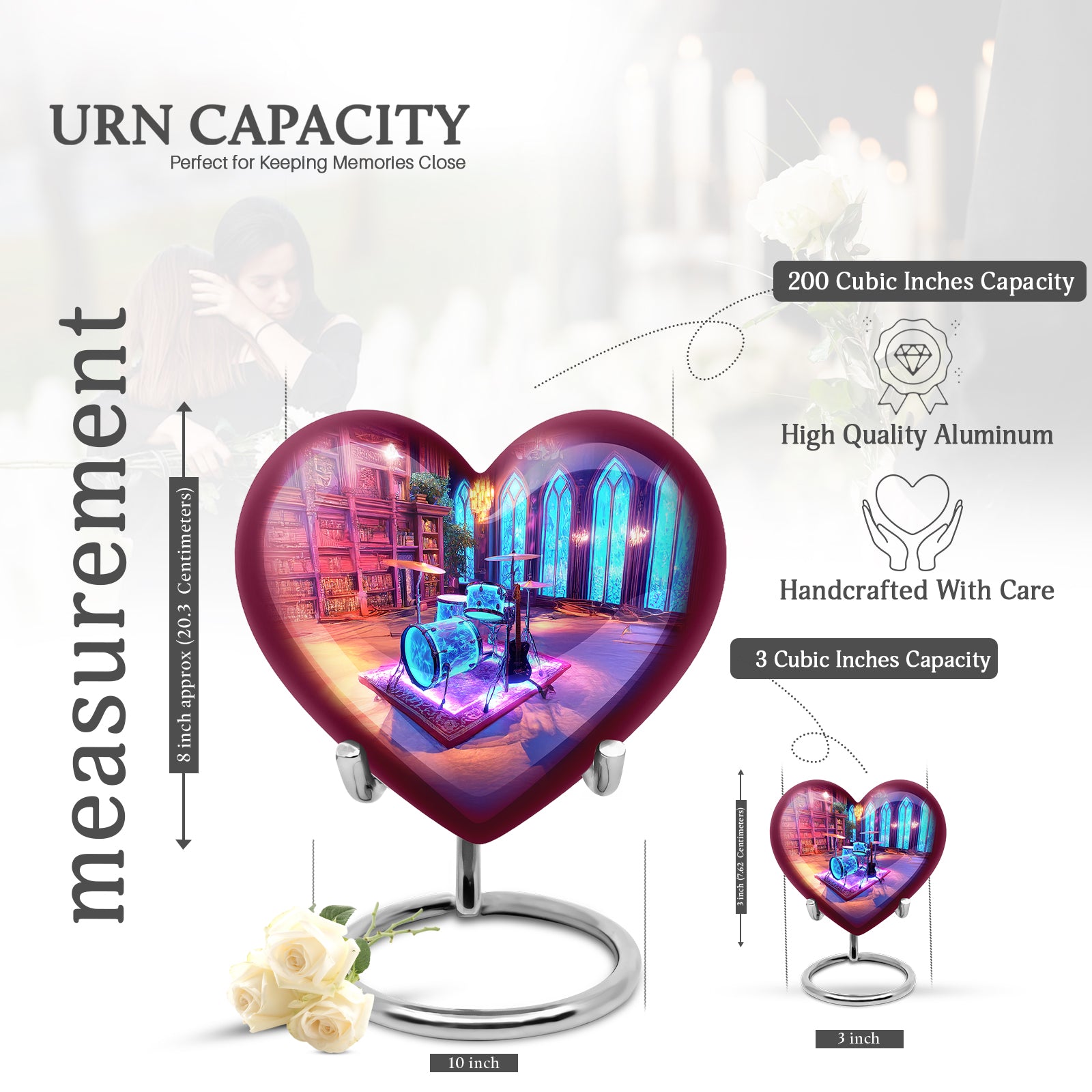 Majestic Purple Drums Cremation Urn front view showing detailed design - heart-shaped drums design symbolizing eternal love - mini keepsake memorial for portion of cremation ashes