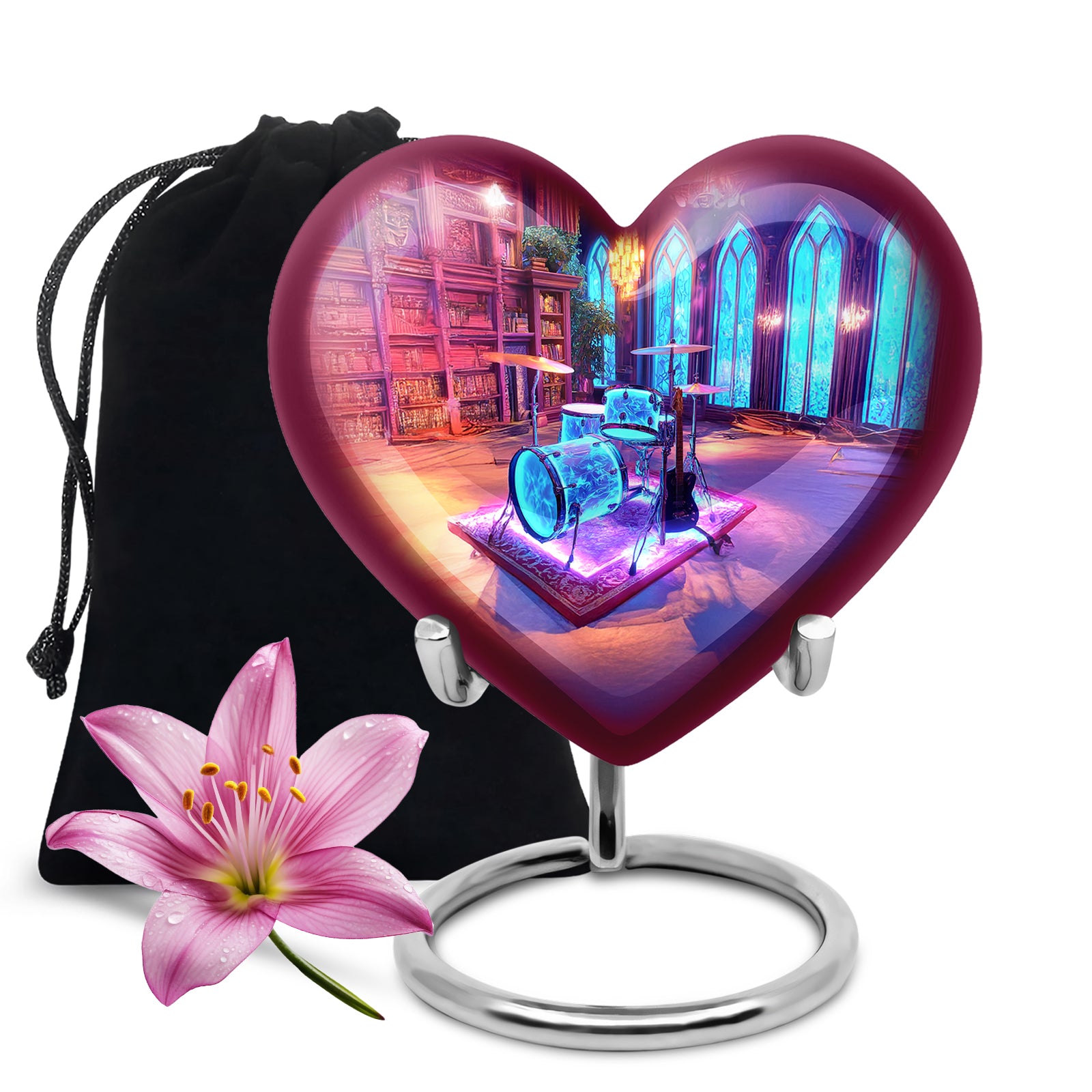 Majestic Purple Drums Cremation Urn detail view - heart-shaped drums design symbolizing eternal love - full-size 10 inch 200 cubic inch adult cremation urn