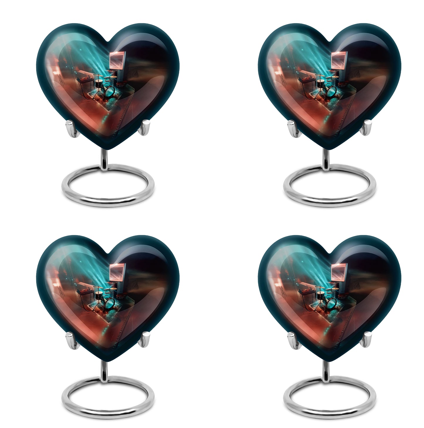 Soft Teal Drums Cremation Urn angled view of lid and engraved motif - heart-shaped drums design symbolizing eternal love - 10 inch aluminum urn for cremated remains
