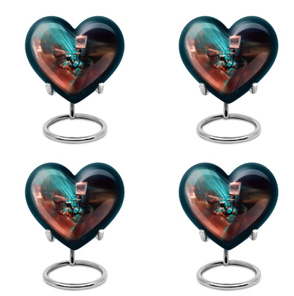 Soft Teal Drums Cremation Urn angled view of lid and engraved motif - heart-shaped drums design symbolizing eternal love - 10 inch aluminum urn for cremated remains