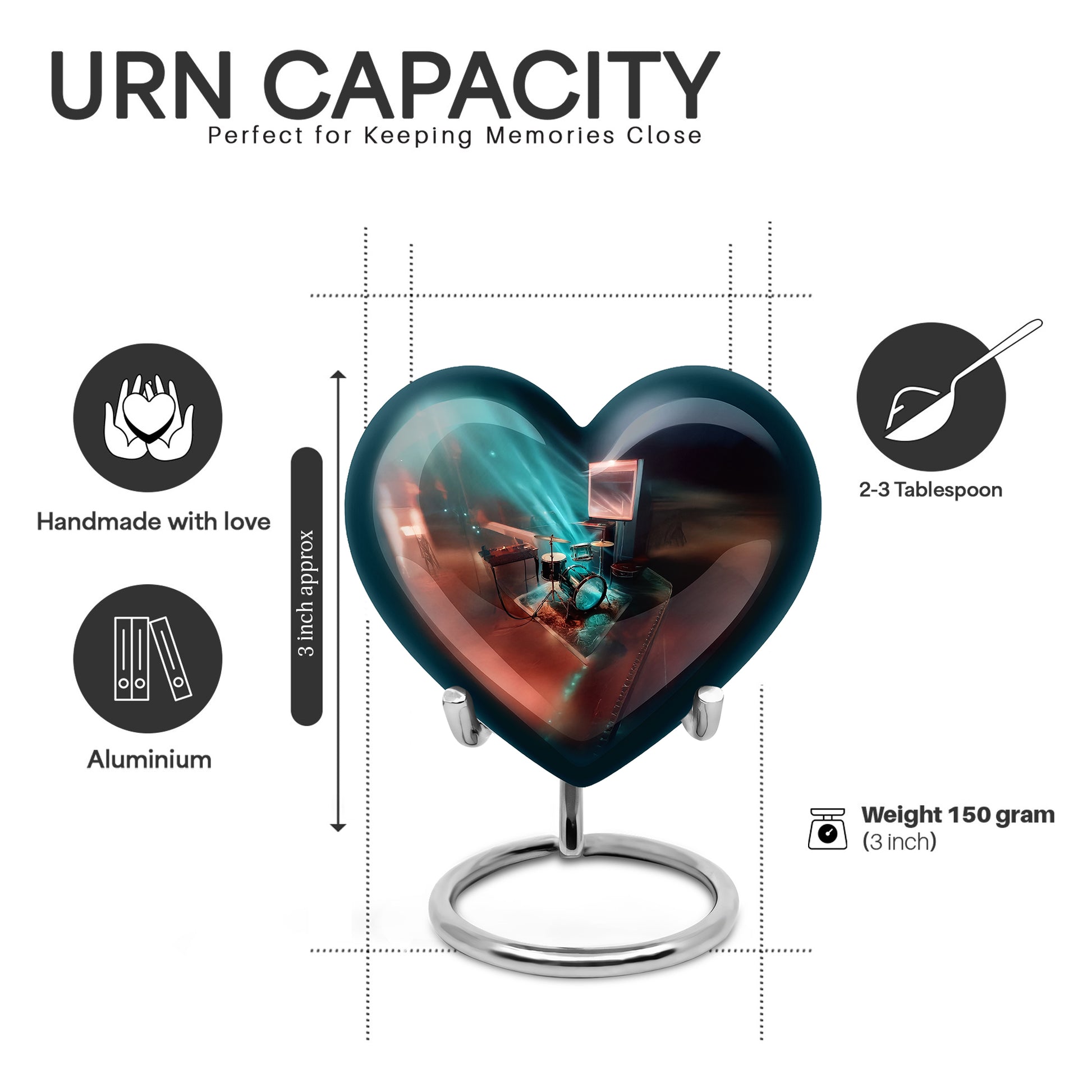 Vivid Teal Drums Cremation Urn front view showing detailed design - compassionate heart-drums combination with gentle curves - mini keepsake memorial for portion of cremation ashes