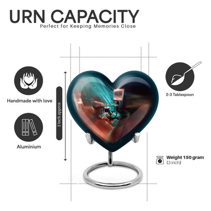 Vivid Teal Drums Cremation Urn front view showing detailed design - compassionate heart-drums combination with gentle curves - mini keepsake memorial for portion of cremation ashes