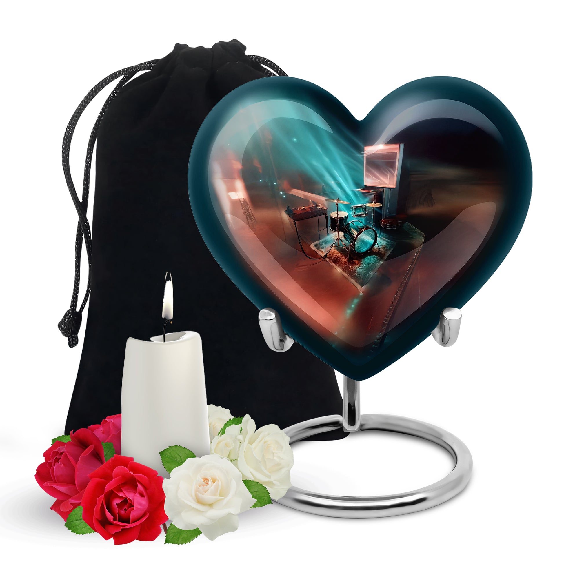 Soft Teal Drums Cremation Urn detail view - heart-shaped drums design symbolizing eternal love - full-size 10 inch 200 cubic inch adult cremation urn