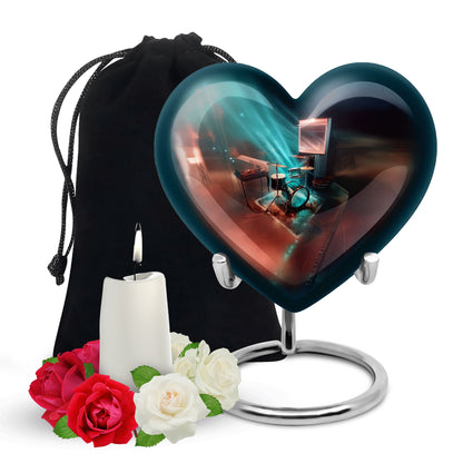 Soft Teal Drums Cremation Urn detail view - heart-shaped drums design symbolizing eternal love - full-size 10 inch 200 cubic inch adult cremation urn