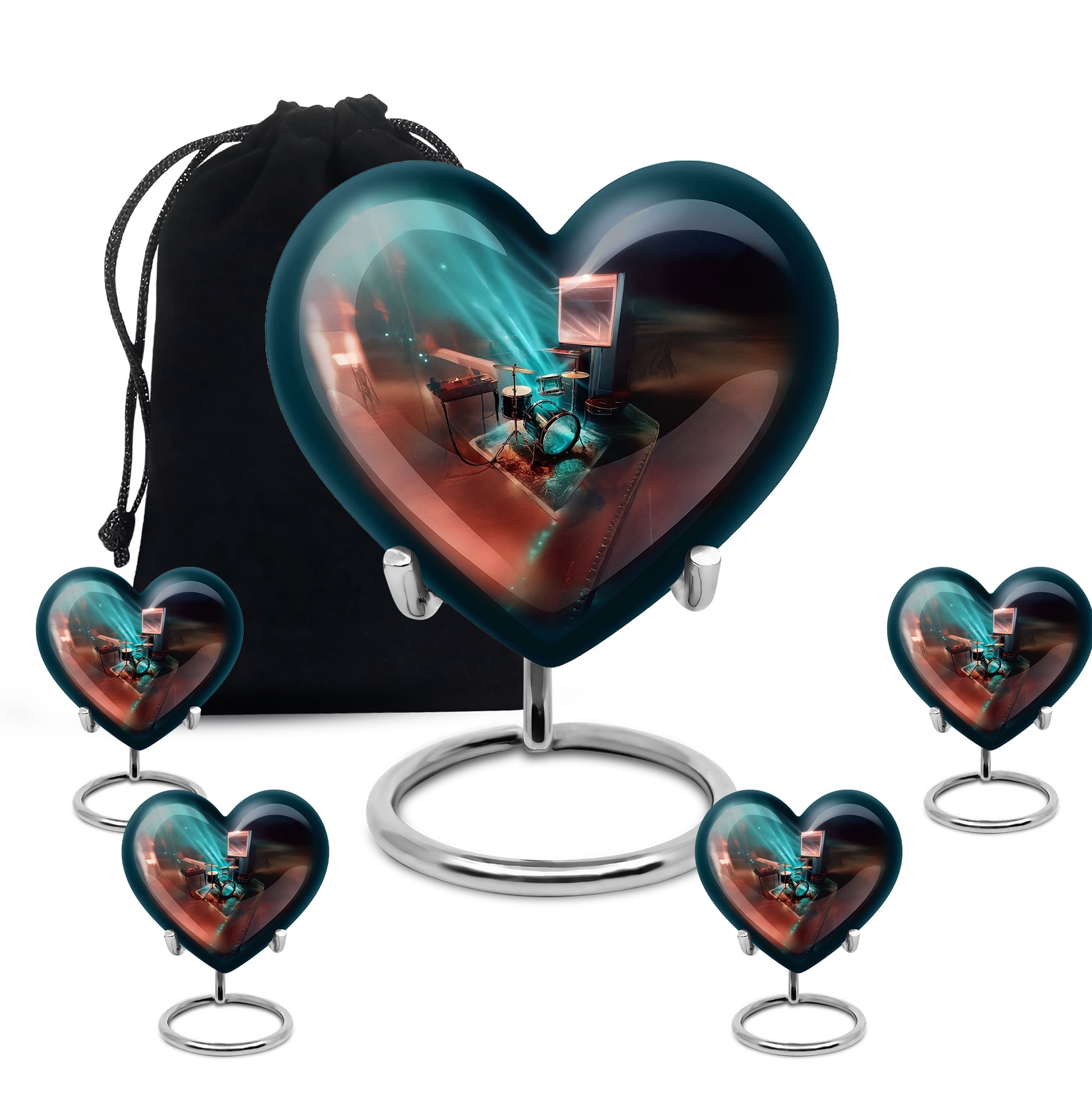 Ocean Teal Drums Cremation Urn close-up of engraving and surface detail - loving heart memorial featuring drums pattern - memorial set with one large and four small urns