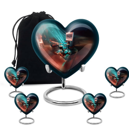 Ocean Teal Drums Cremation Urn close-up of engraving and surface detail - loving heart memorial featuring drums pattern - memorial set with one large and four small urns