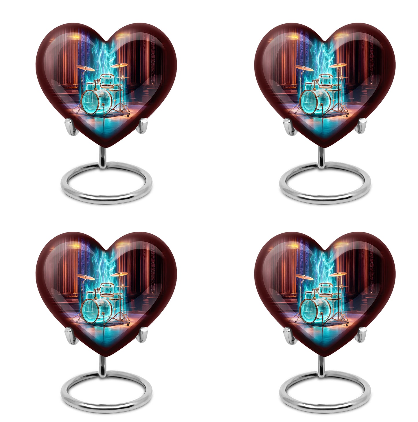 Deep Red Drums Cremation Urn angled view of lid and engraved motif - loving heart memorial featuring drums pattern - 10 inch aluminum urn for cremated remains