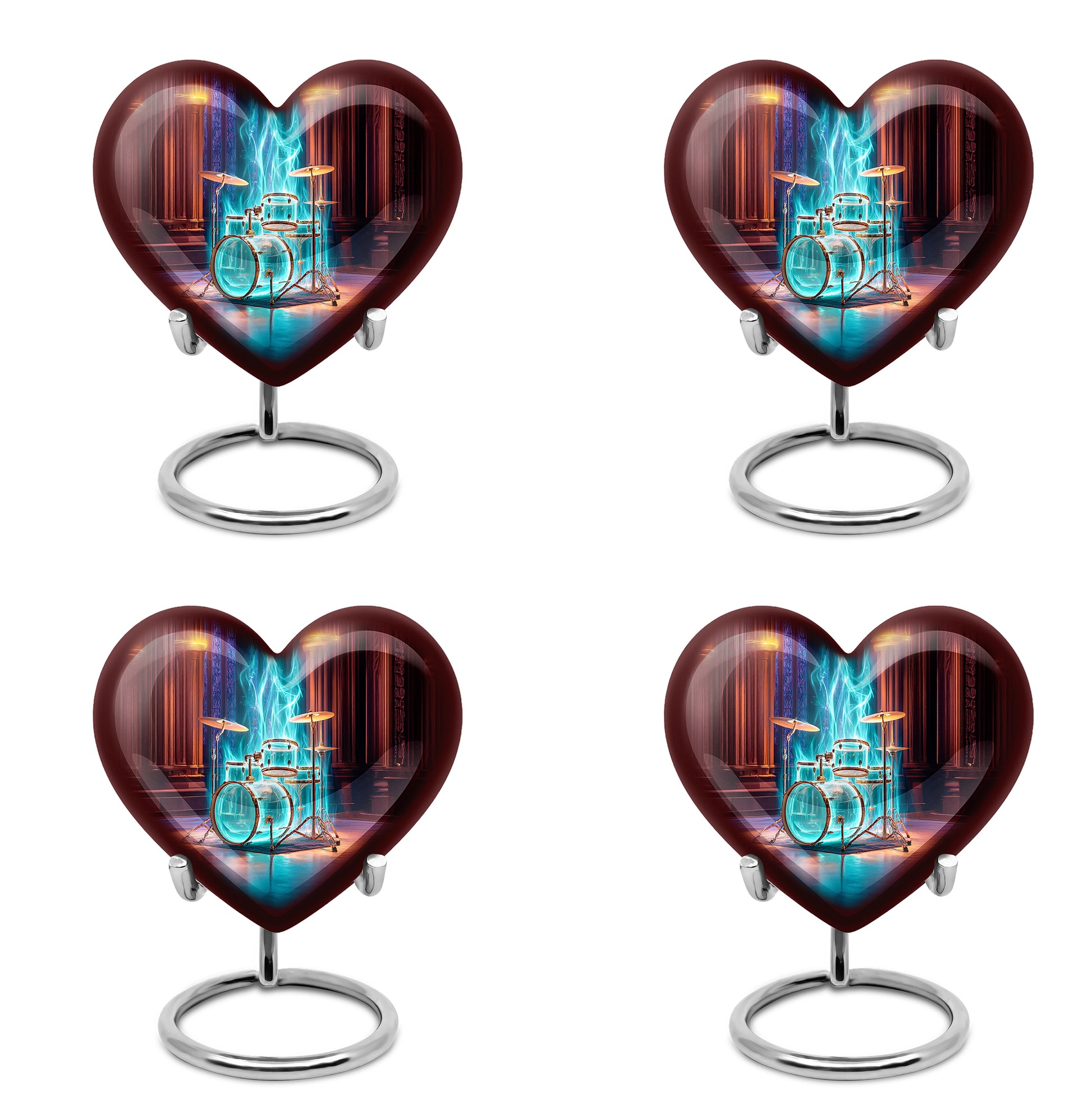 Deep Red Drums Cremation Urn angled view of lid and engraved motif - loving heart memorial featuring drums pattern - 10 inch aluminum urn for cremated remains