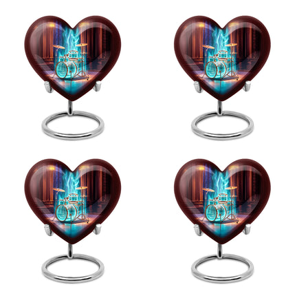 Deep Red Drums Cremation Urn angled view of lid and engraved motif - loving heart memorial featuring drums pattern - 10 inch aluminum urn for cremated remains