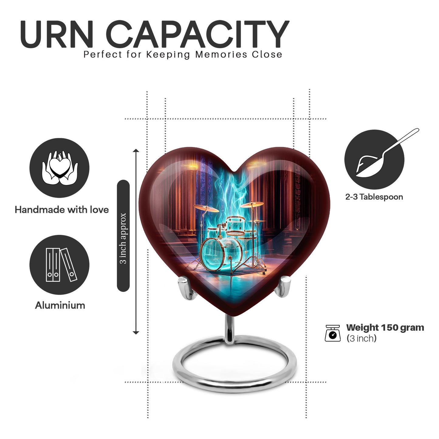 Fiery Red Drums Cremation Urn front view showing detailed design - romantic heart urn with drums motif on aluminum - mini keepsake memorial for portion of cremation ashes