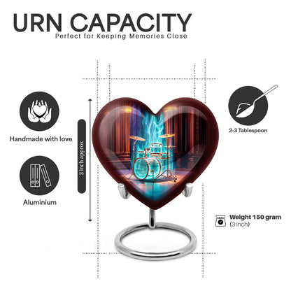 Fiery Red Drums Cremation Urn front view showing detailed design - romantic heart urn with drums motif on aluminum - mini keepsake memorial for portion of cremation ashes