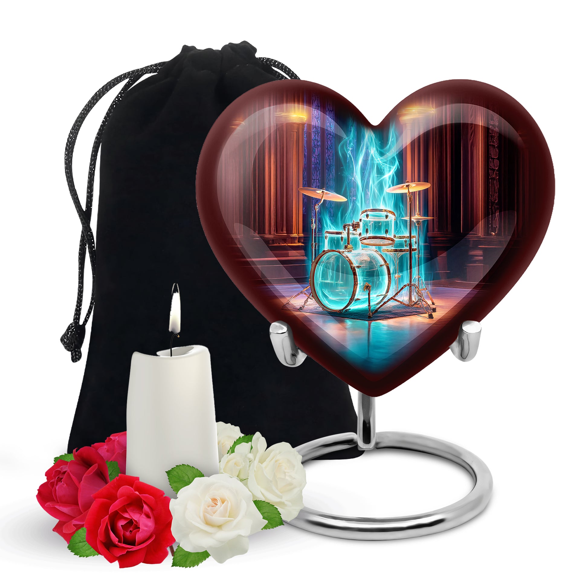 Cherry Red Drums Cremation Urn detail view - compassionate heart-drums combination with gentle curves - full-size 10 inch 200 cubic inch adult cremation urn