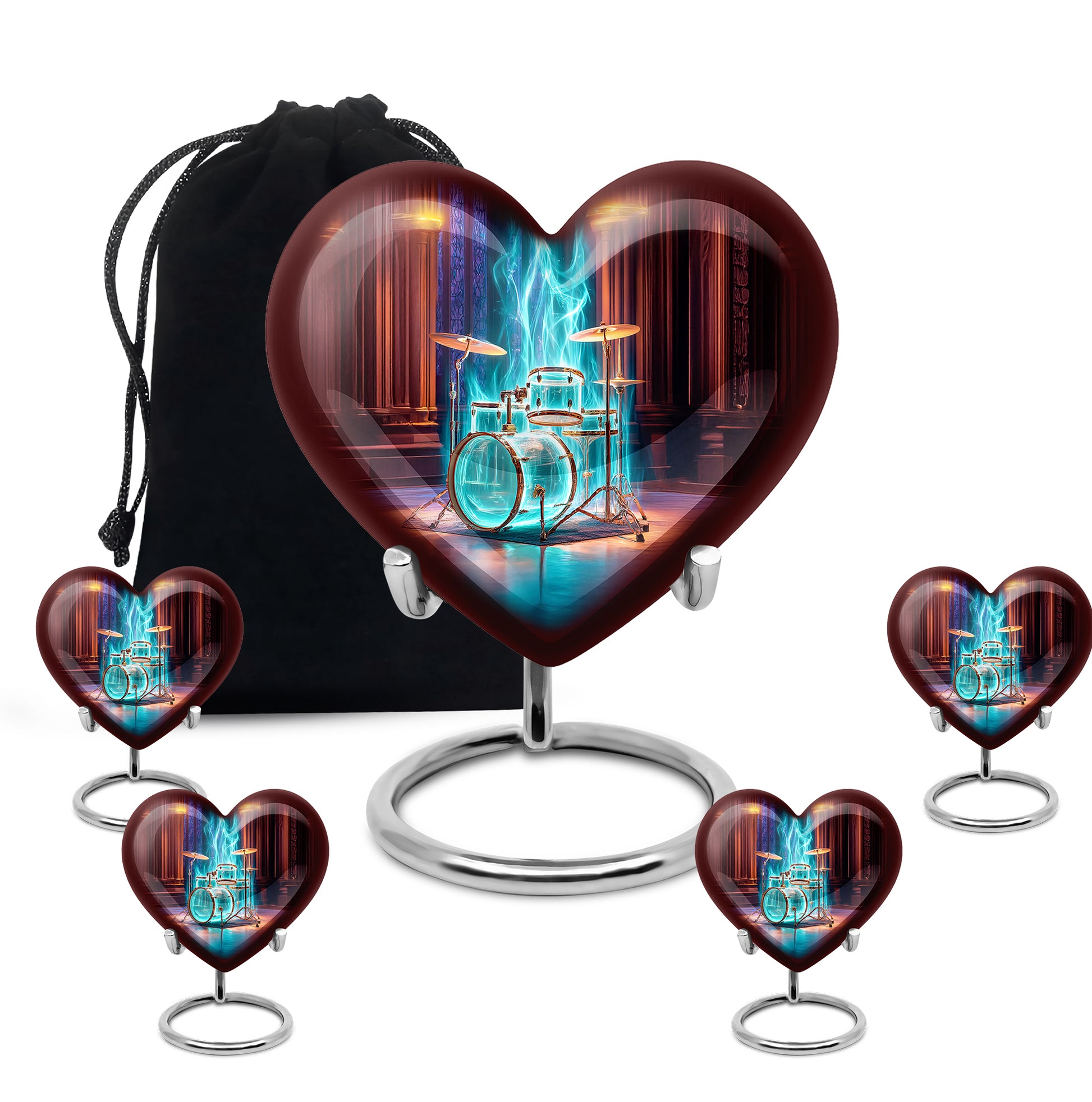 Garnet Red Drums Cremation Urn close-up of engraving and surface detail - heart-shaped drums design symbolizing eternal love - memorial set with one large and four small urns