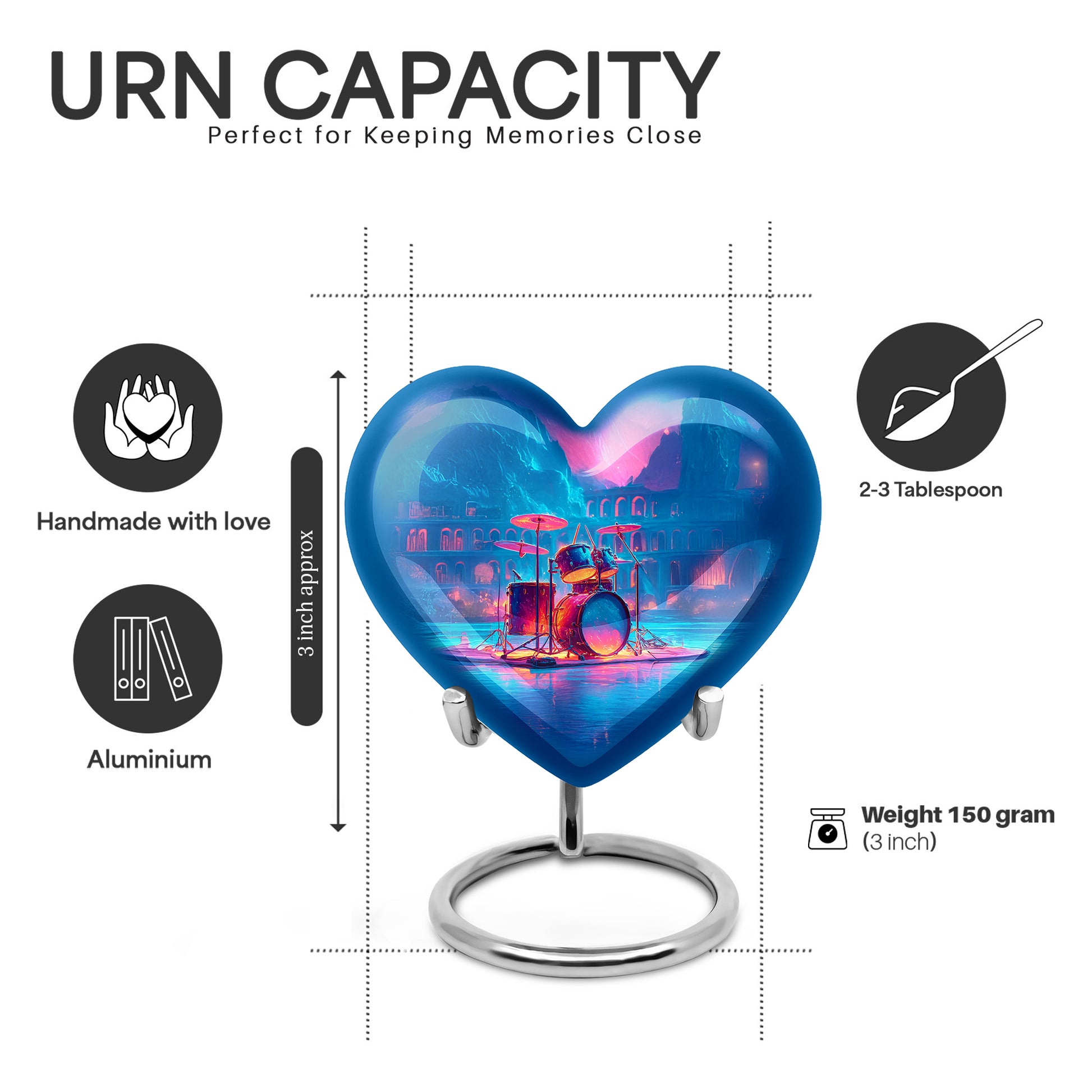 Deep Purple Drums Cremation Urn front view showing detailed design - heart-shaped drums design symbolizing eternal love - mini keepsake memorial for portion of cremation ashes