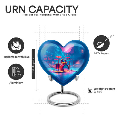 Deep Purple Drums Cremation Urn front view showing detailed design - heart-shaped drums design symbolizing eternal love - mini keepsake memorial for portion of cremation ashes