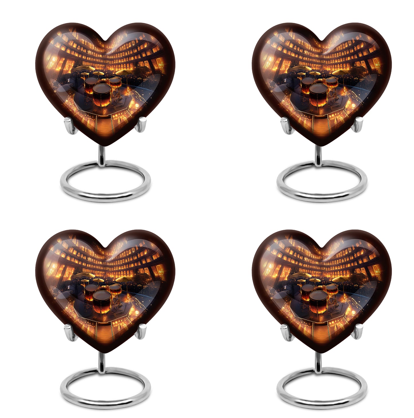 Sunrise Gold Drums Cremation Urn angled view of lid and engraved motif - loving heart memorial featuring drums pattern - 10 inch aluminum urn for cremated remains